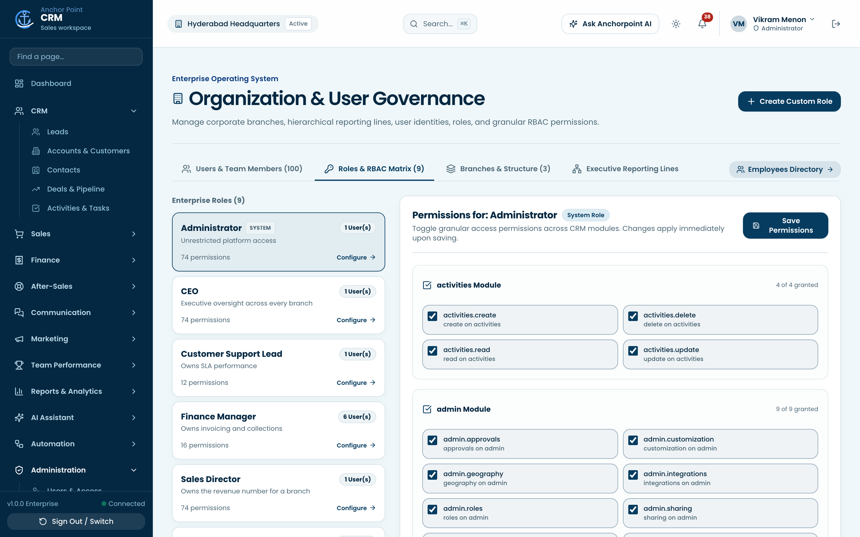 Roles and permissions with module-level access